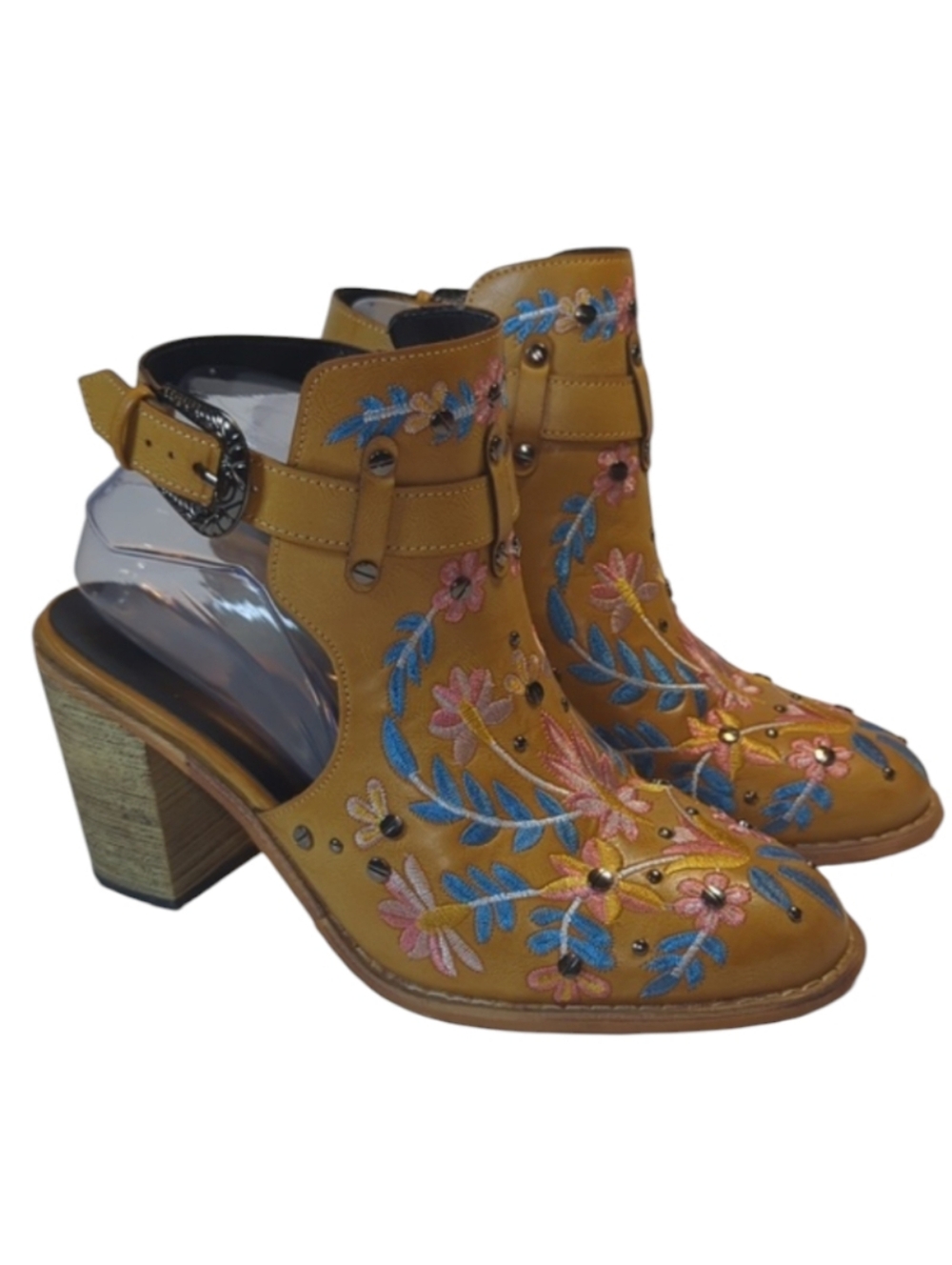 Floral Embroidery Buckled Backless Ankle Boots Size 9